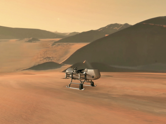 This illustration shows NASA's Dragonfly rotorcraft-lander approaching a site on Saturn's exotic moon, Titan.