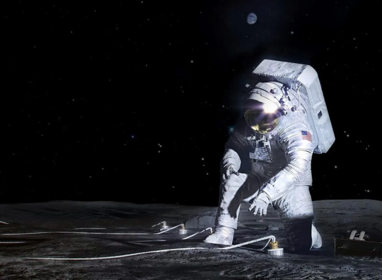 Artemis astronaut deploying an instrument on the lunar surface
